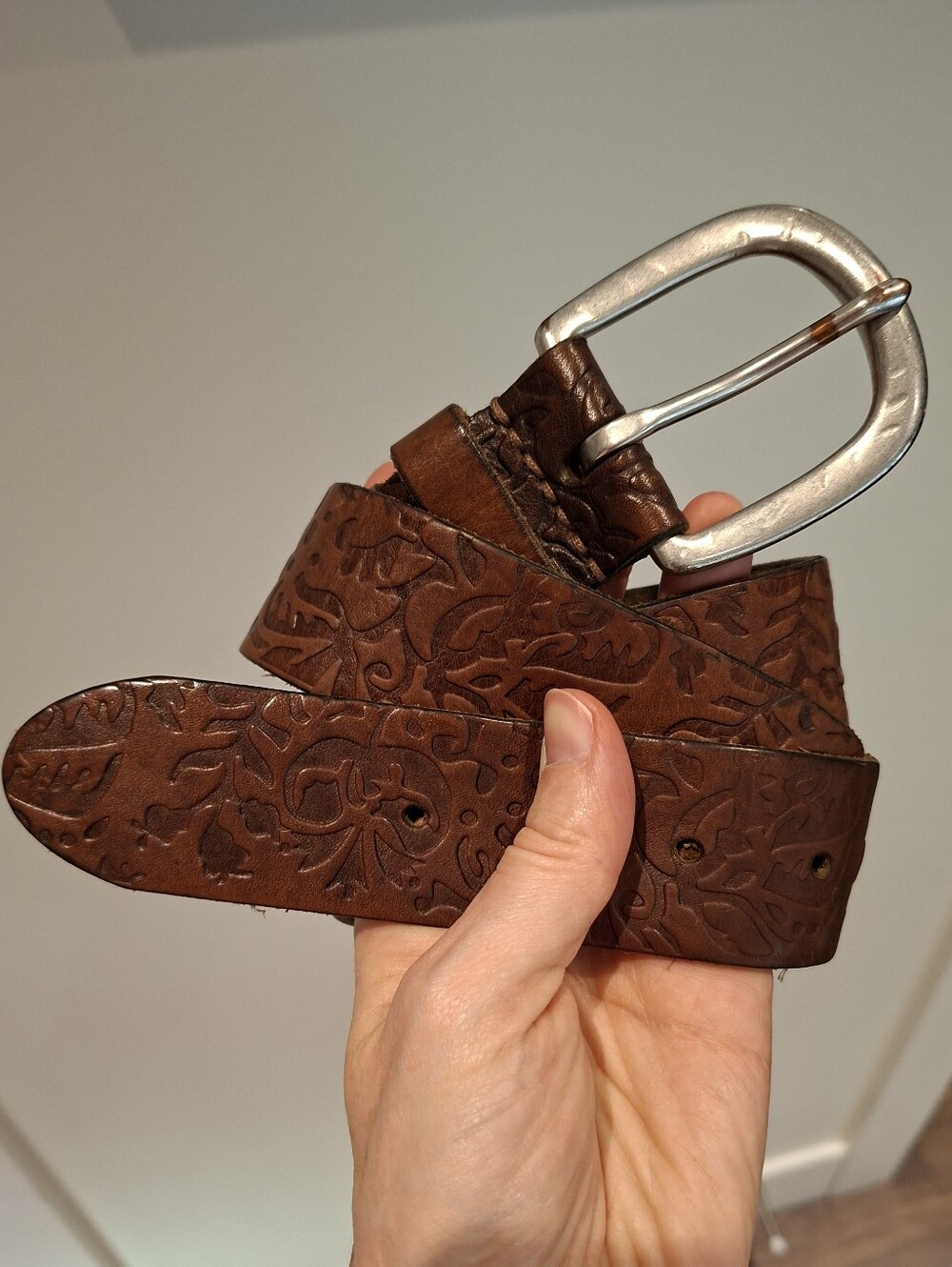 Chocolate Brown Wide Genuine Floral Embossed Belt w/ Silver Hardware (Size M)